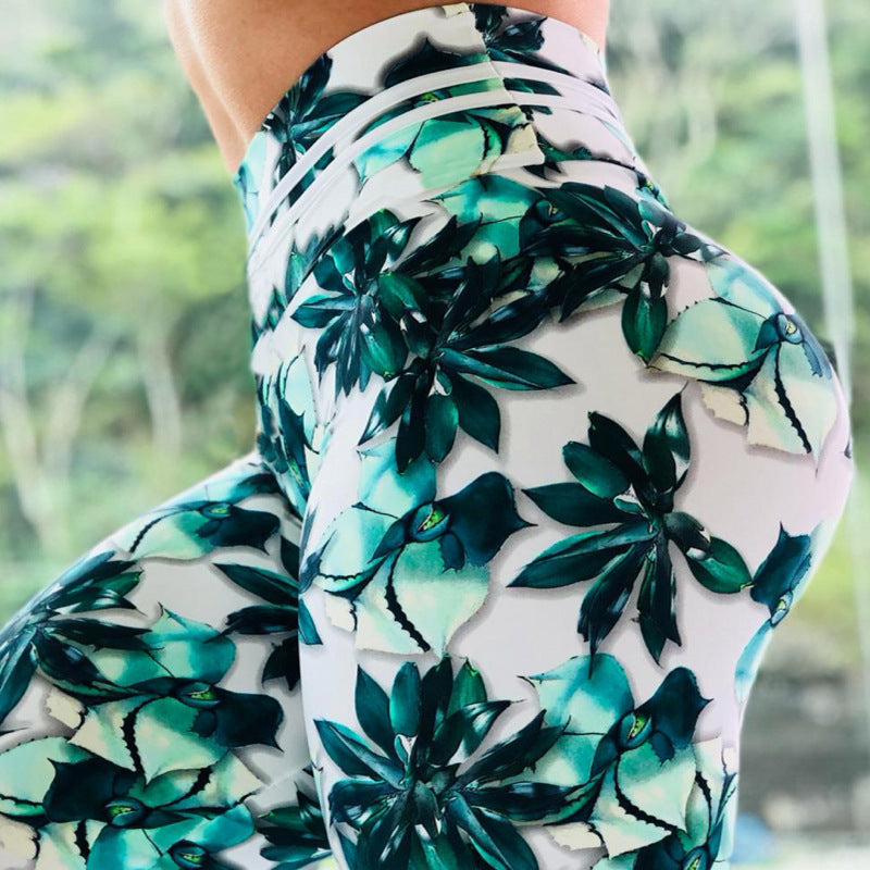 Green Leaf and Flower Print High Waist Sports Fitness Yoga Pants