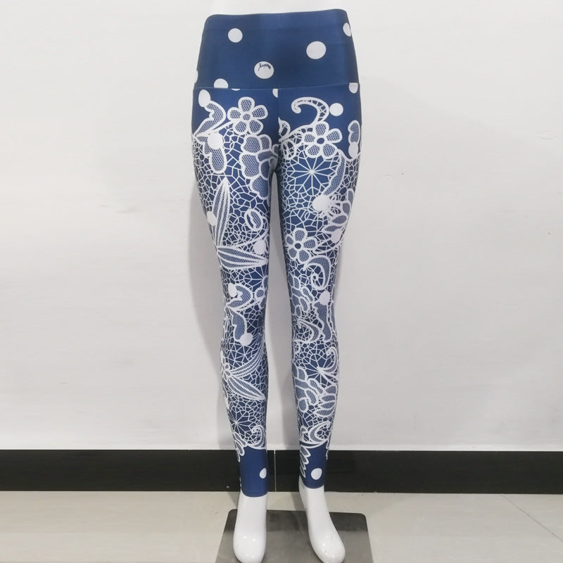 Blue Flower Print High Waist Sports Fitness Yoga Pants