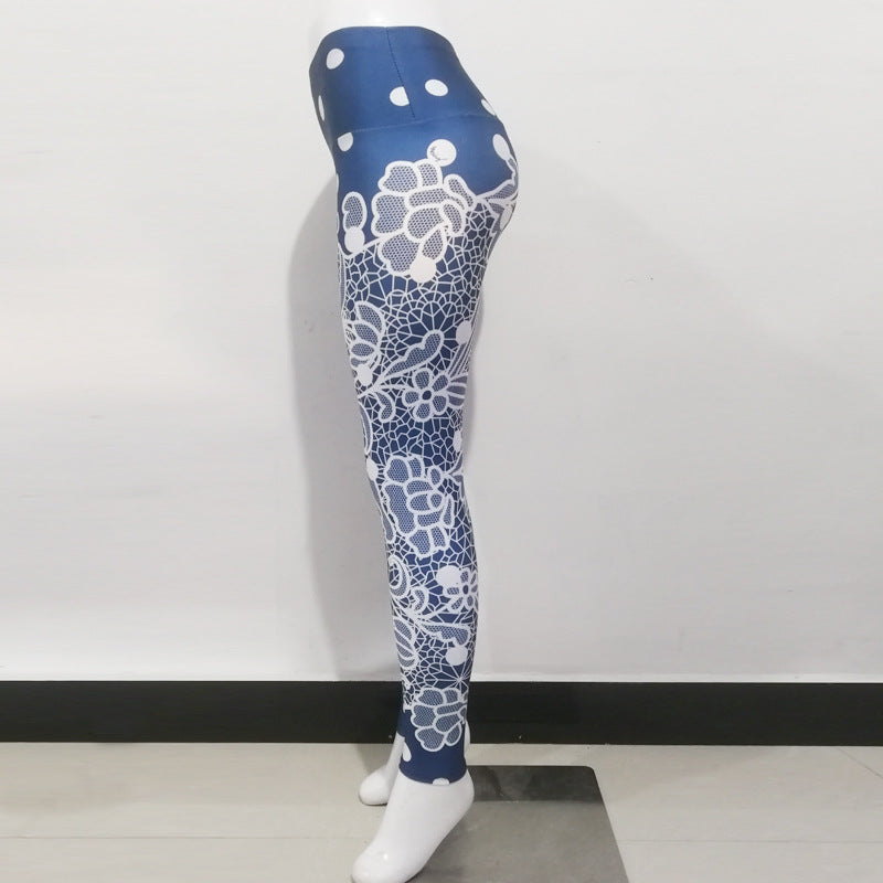 Blue Flower Print High Waist Sports Fitness Yoga Pants