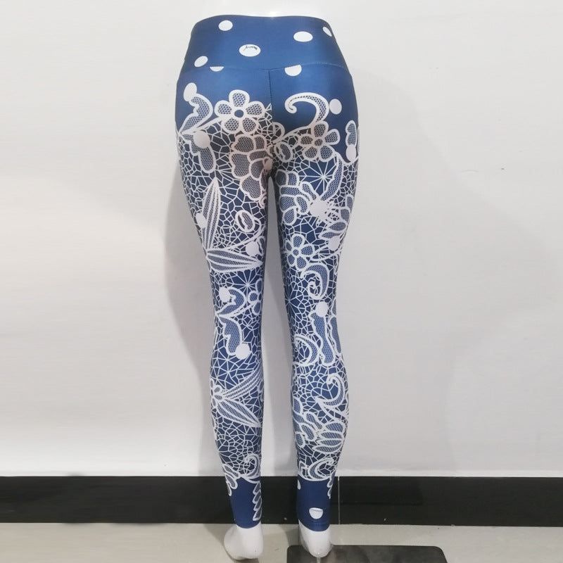 Blue Flower Print High Waist Sports Fitness Yoga Pants