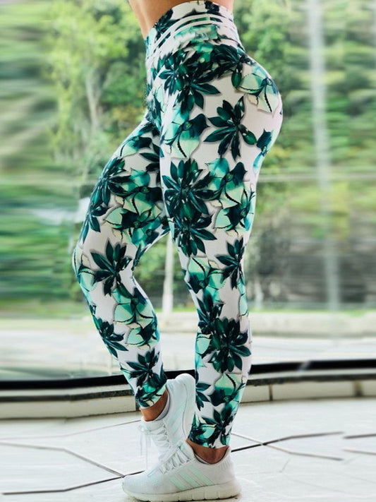 Green Leaf and Flower Print High Waist Sports Fitness Yoga Pants