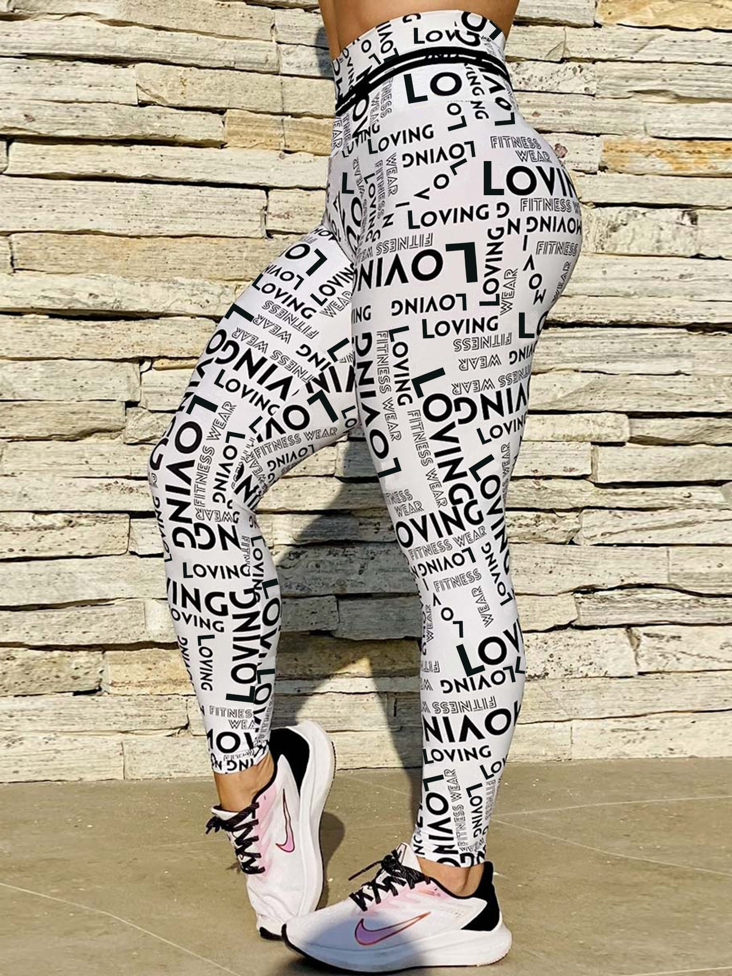 Classic Black and White Letter Print High Waist Sports Fitness Yoga Pants