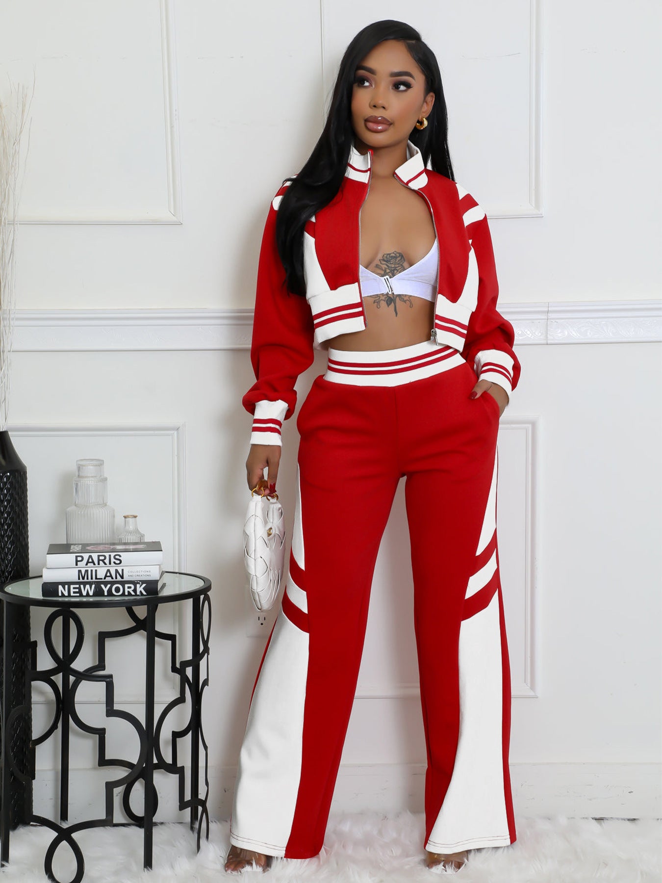 Double-layer Ribbed Contrast Wide-leg Pants Suit