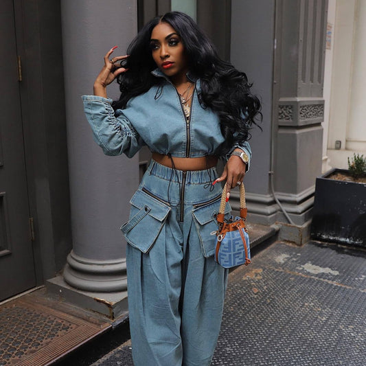 Fashion Retro Wide Leg Loose Heavy Denim Two-piece Suit