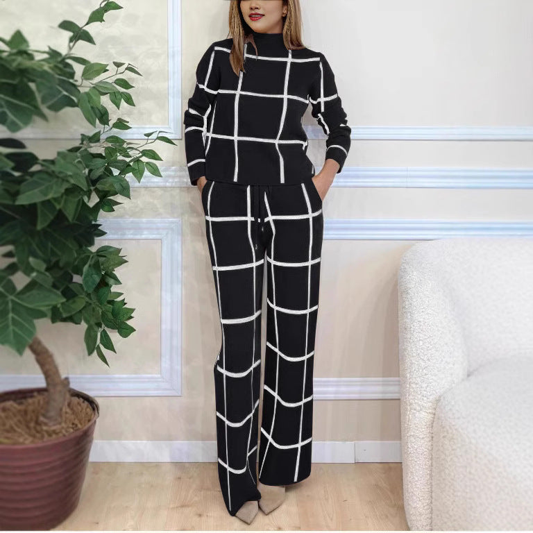 Fashion Casual Long-sleeved Plaid Print Drawstring Wide-leg Pants Two-piece Suit