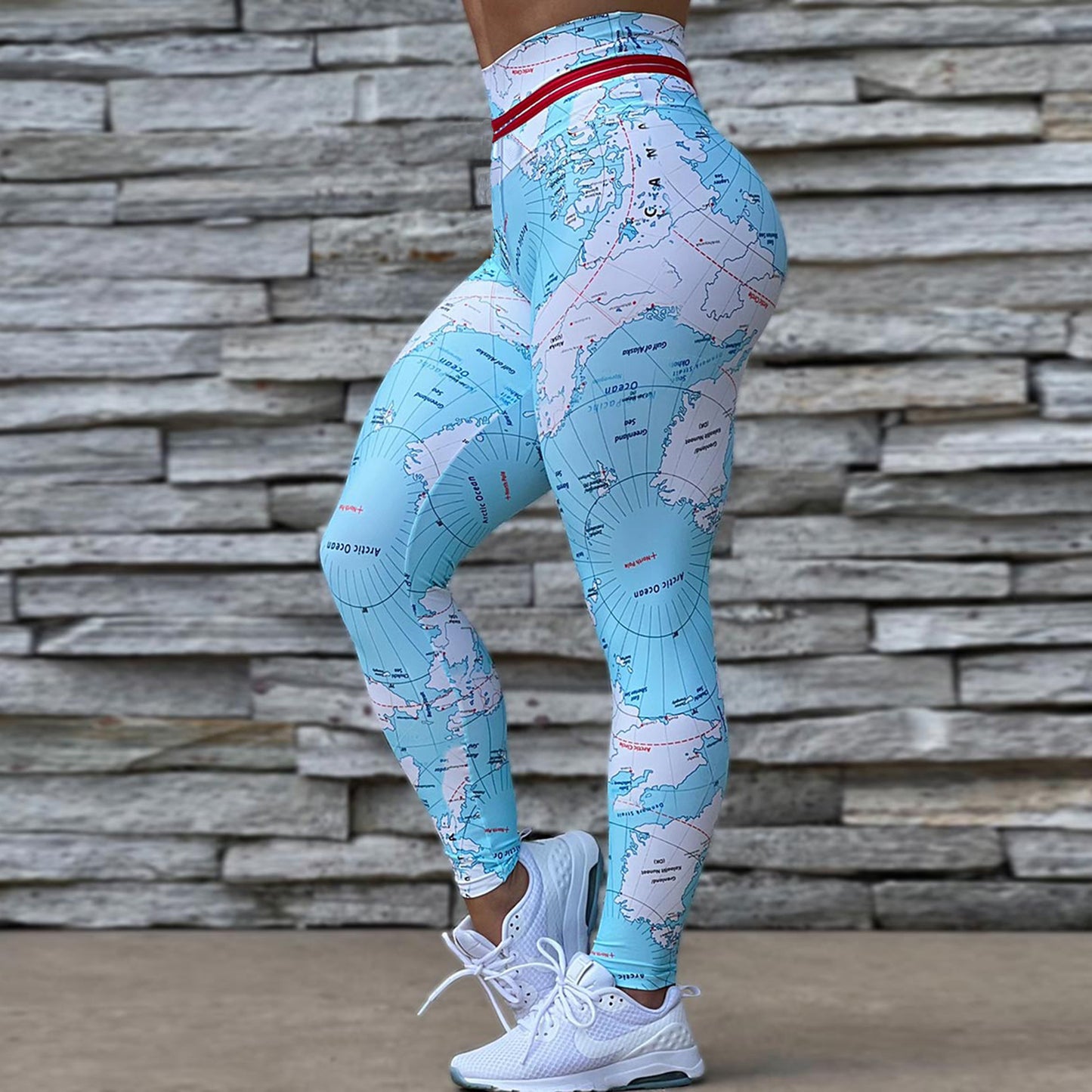 World Map Print High Waist Sports Fitness Yoga Pants