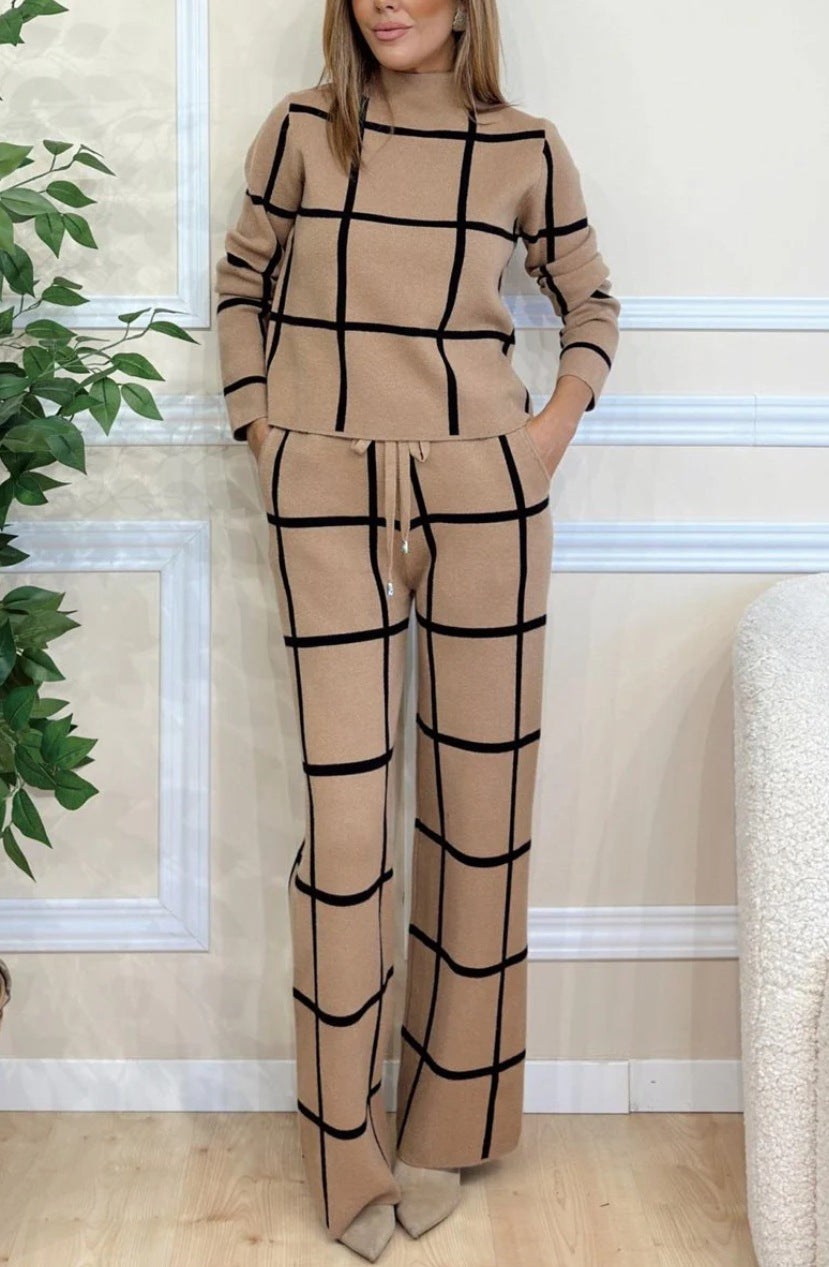 Fashion Casual Long-sleeved Plaid Print Drawstring Wide-leg Pants Two-piece Suit