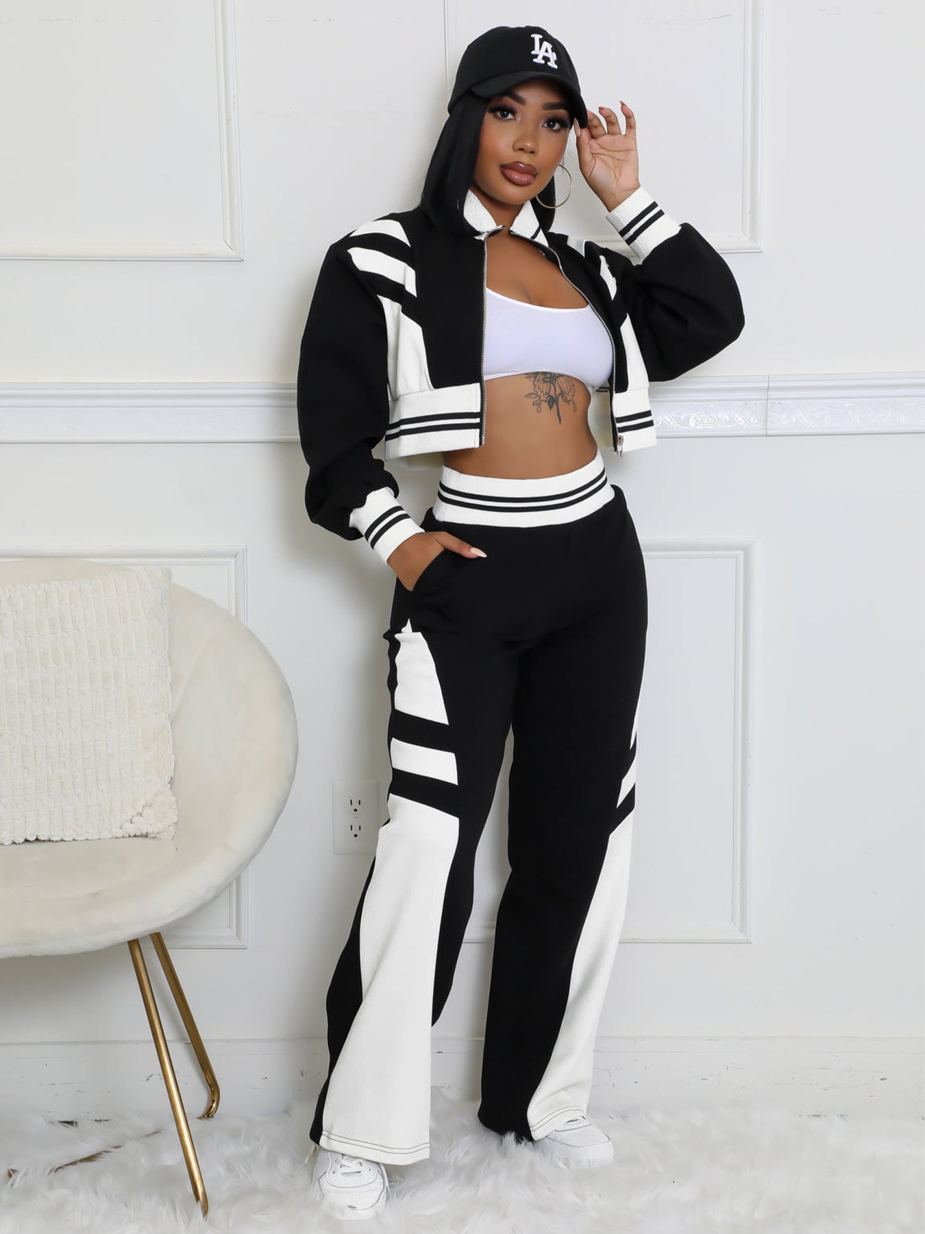 Double-layer Ribbed Contrast Wide-leg Pants Suit