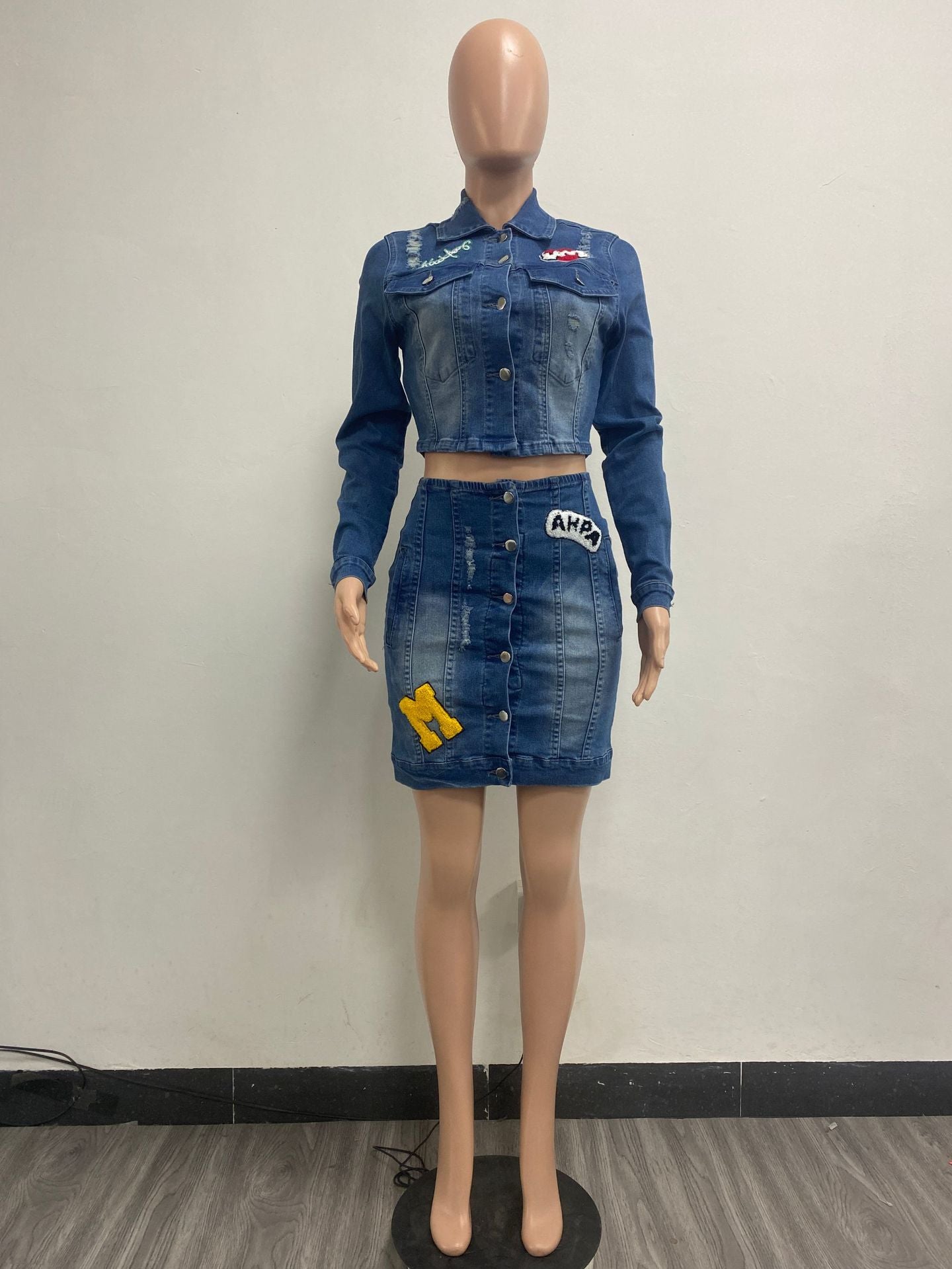 Casual Embroidery Stretch Denim Two Piece Suit