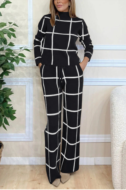 Fashion Casual Long-sleeved Plaid Print Drawstring Wide-leg Pants Two-piece Suit