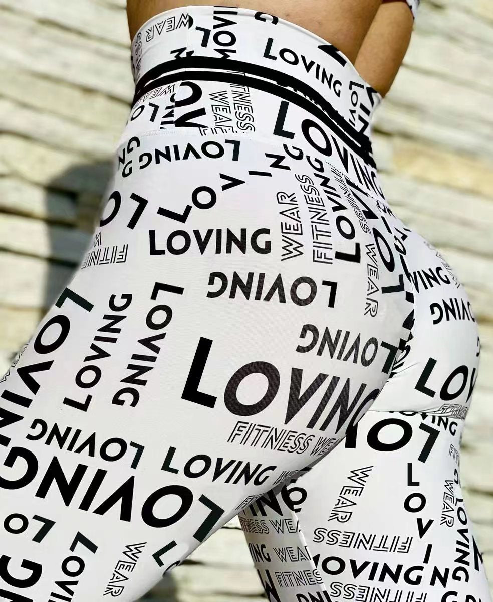 Classic Black and White Letter Print High Waist Sports Fitness Yoga Pants