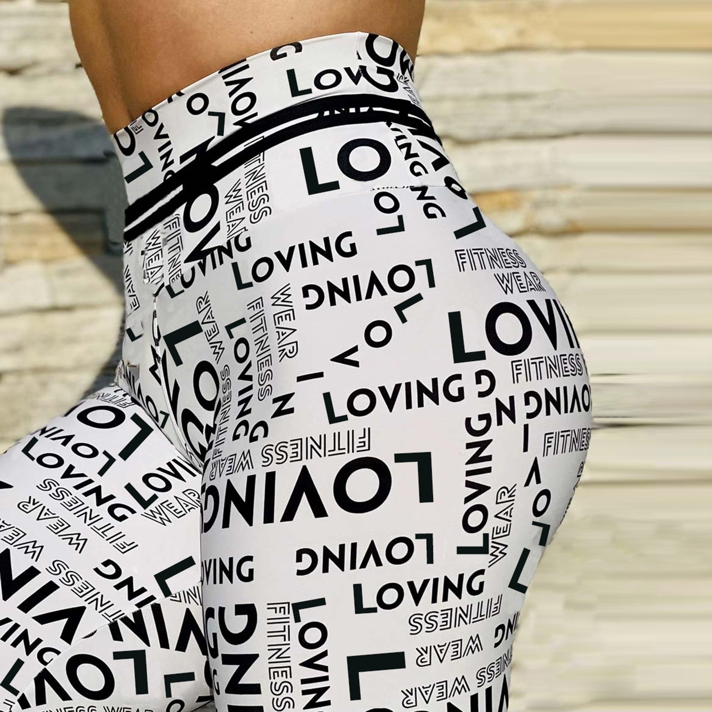 Classic Black and White Letter Print High Waist Sports Fitness Yoga Pants