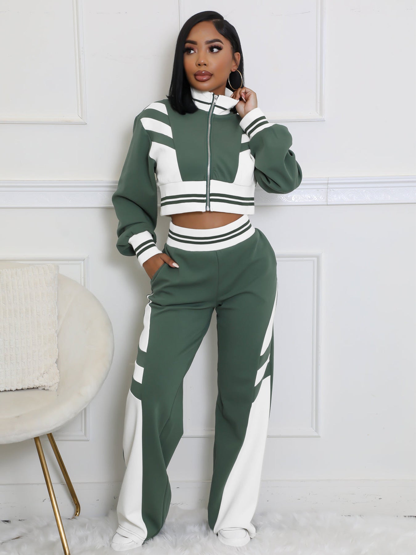 Double-layer Ribbed Contrast Wide-leg Pants Suit