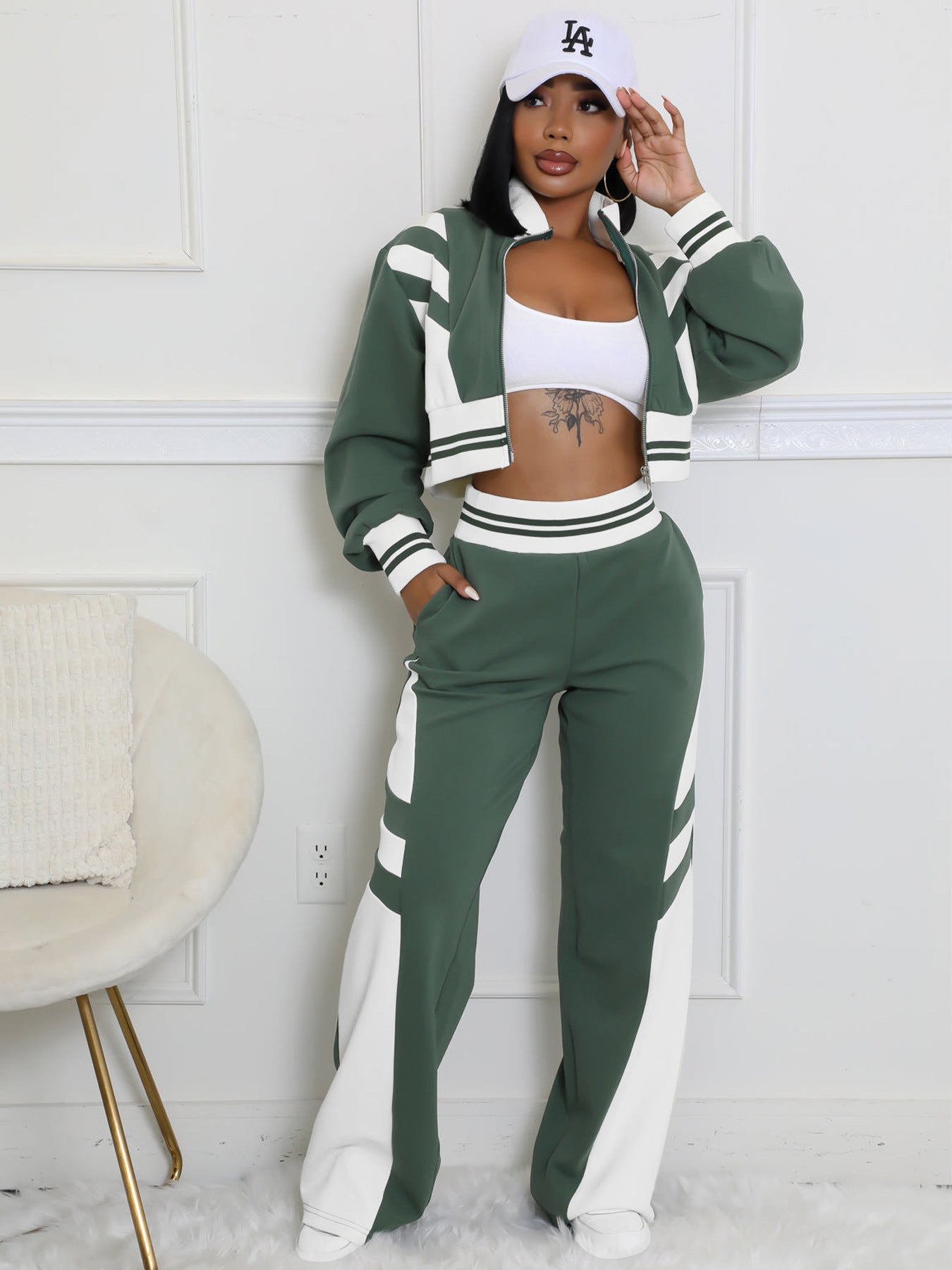 Double-layer Ribbed Contrast Wide-leg Pants Suit