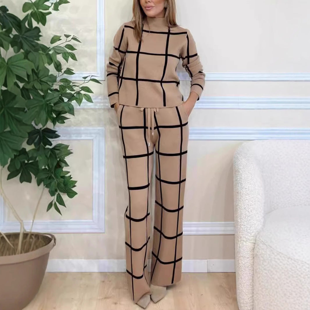 Fashion Casual Long-sleeved Plaid Print Drawstring Wide-leg Pants Two-piece Suit