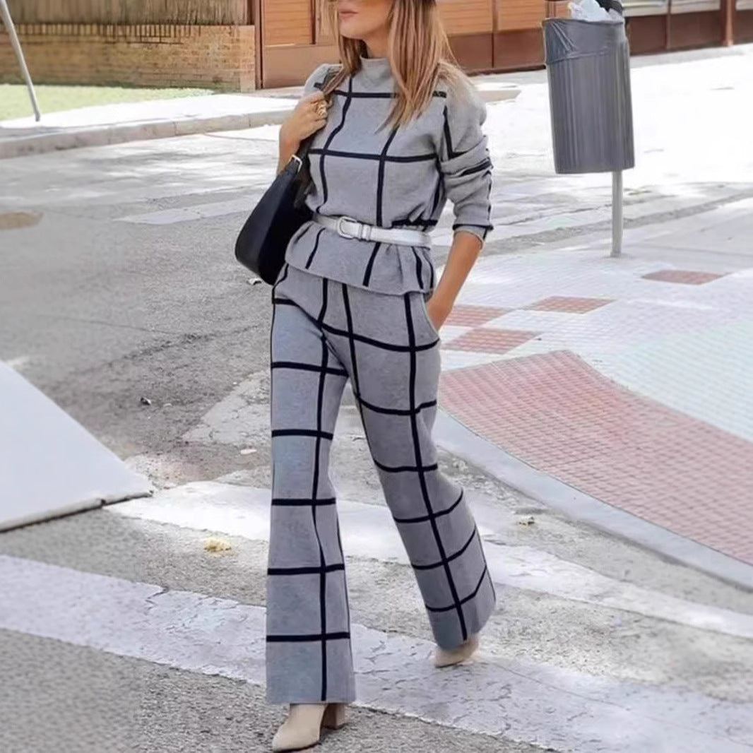 Fashion Casual Long-sleeved Plaid Print Drawstring Wide-leg Pants Two-piece Suit