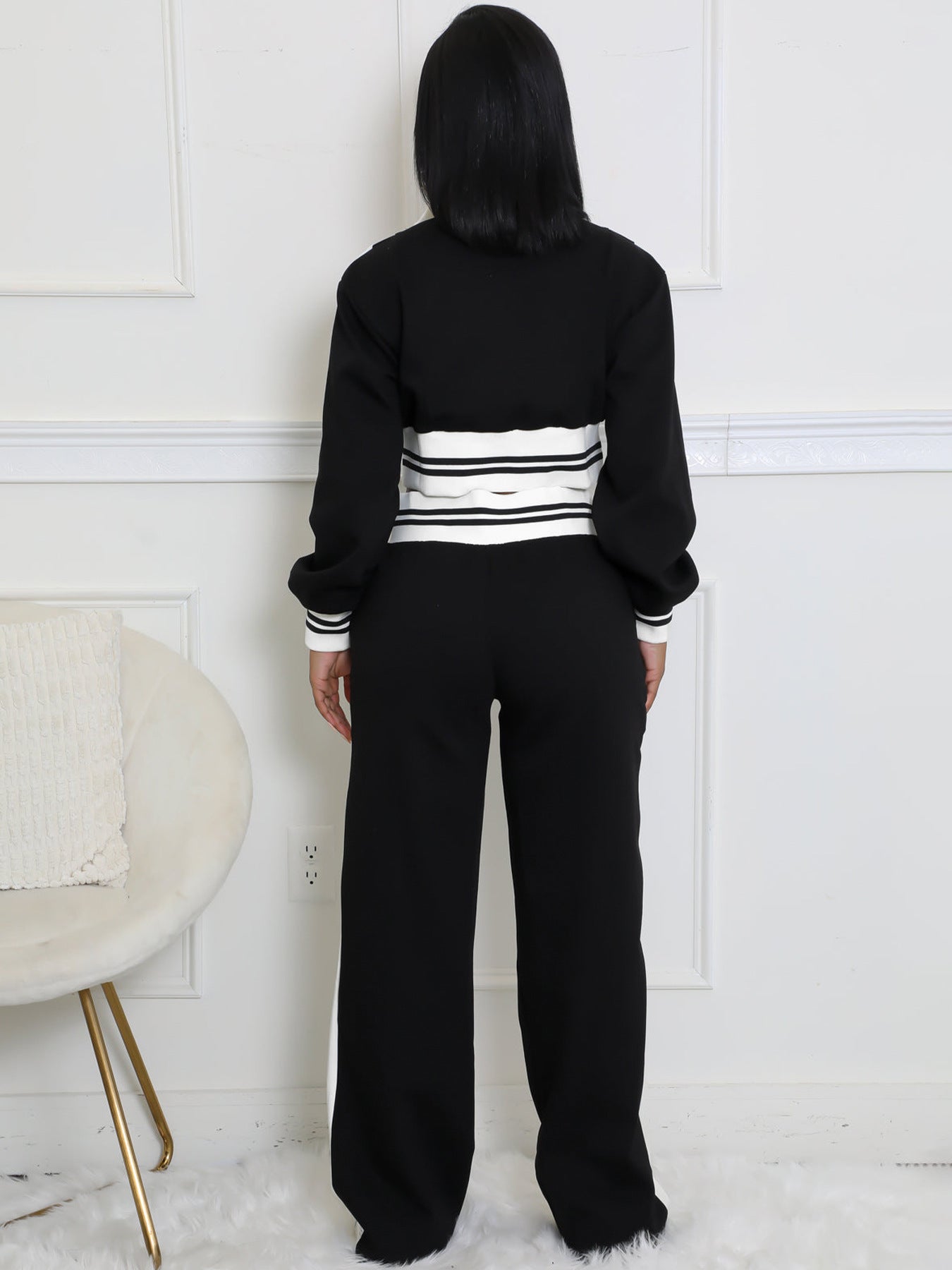 Double-layer Ribbed Contrast Wide-leg Pants Suit