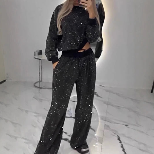 Starry Sky Long-sleeved Round Neck Drawstring Top Wide-leg Two-piece Suit