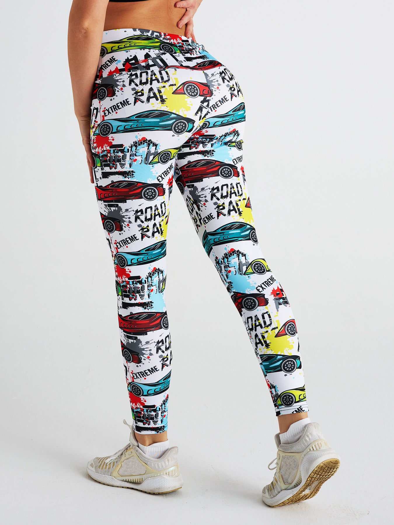 Car Graffiti Print High Waist Tight Sports Yoga Pants