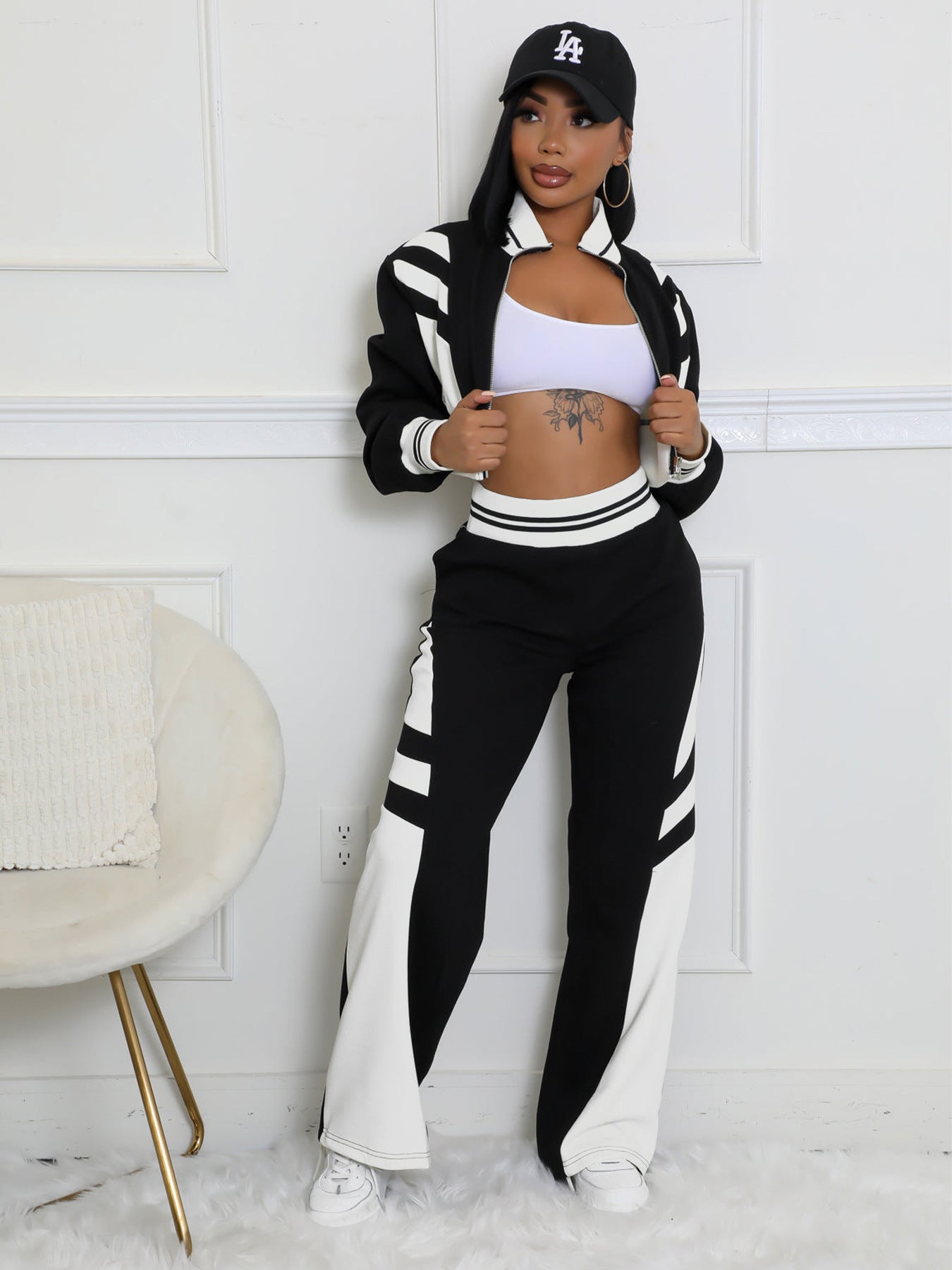 Double-layer Ribbed Contrast Wide-leg Pants Suit