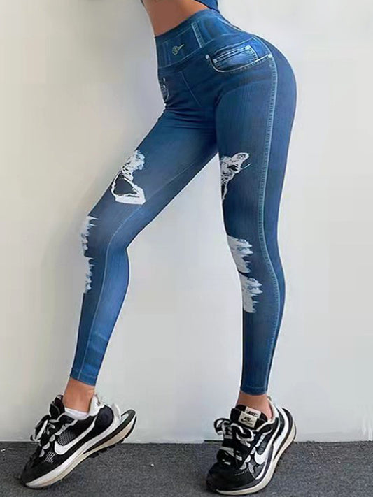 Ripped Jeans Printed High Waist Sports Fitness Yoga Pants