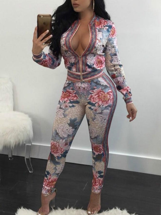 White Flower Printed Zipper Long Sleeve Sports Casual Suit