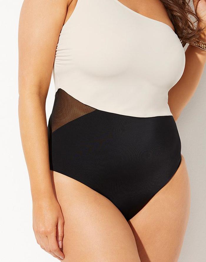 FULLFITALL - Black Cream One Shoulder One Piece Swimsuit