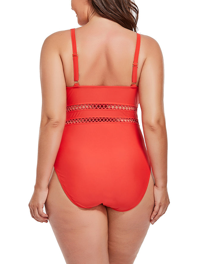 FULLFITALL - Red Lattice Plunge One Piece Swimsuit