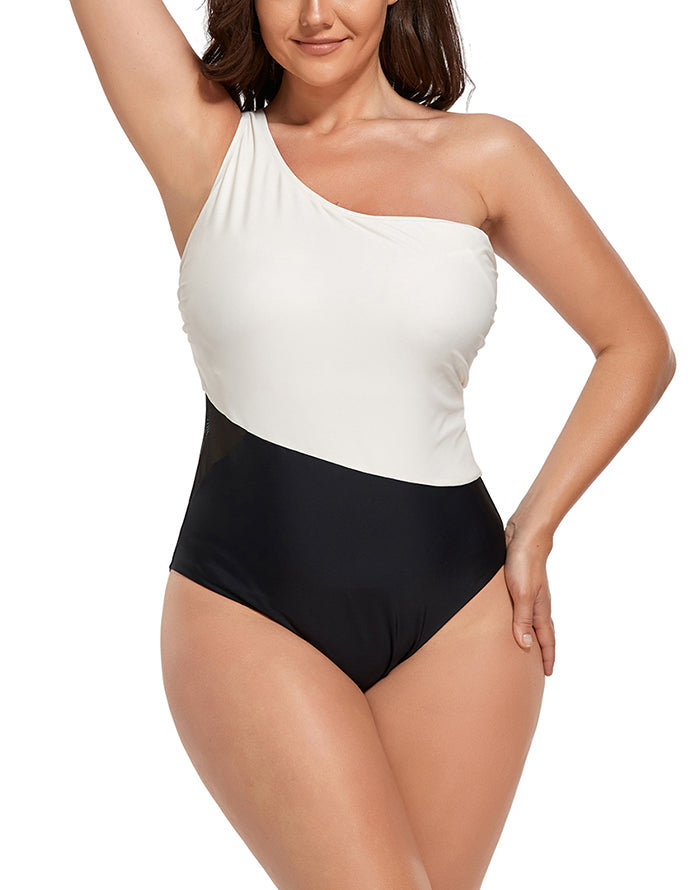 FULLFITALL - Black Cream One Shoulder One Piece Swimsuit