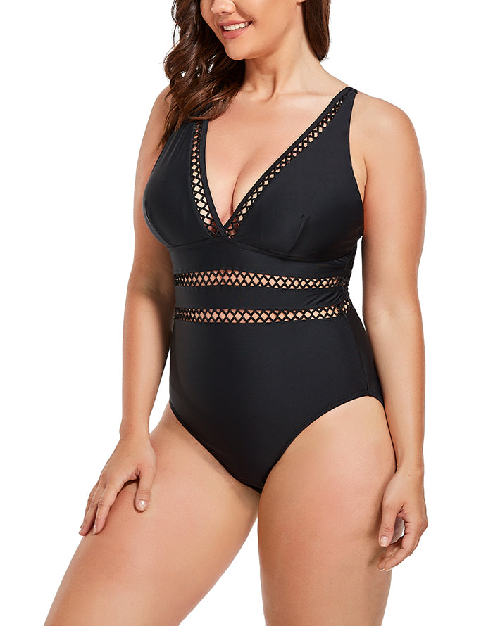 FULLFITALL - Black Lattice Plunge One Piece Swimsuit