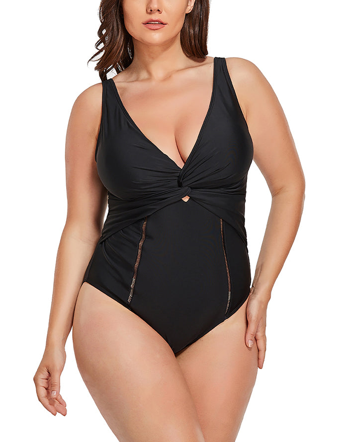 FULLFITALL - Black Ruched V-neck One Piece Swimsuit