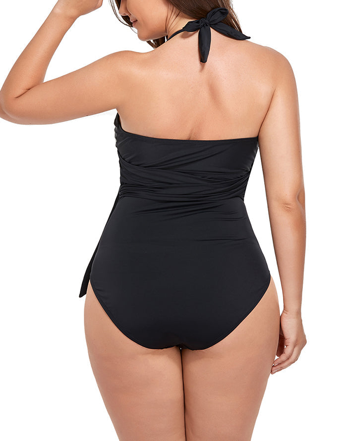 FULLFITALL - Black Faux Wrap Halter One Piece Swimsuit